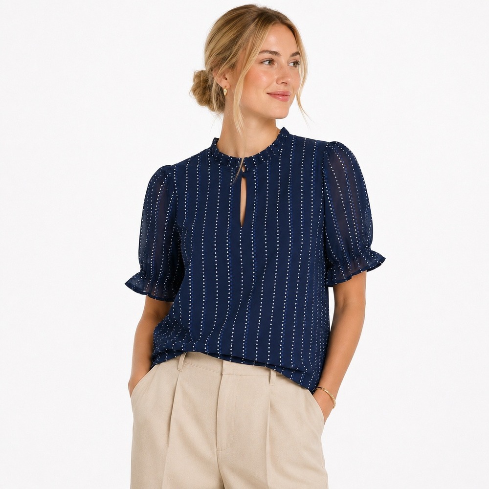 NWT J.Crew Blouse Top Printed Ruffleneck Dotted Stripe Ruffle Blue Medium